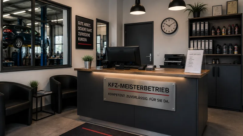 Empfangstresen der Werkstatt mit Blick durch das Fenster in die Halle