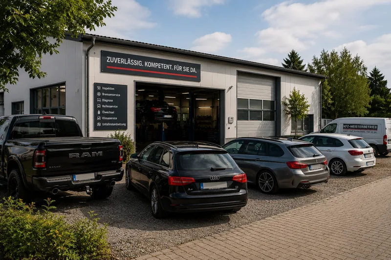 Werkstattgeb&auml;ude von au&szlig;en mit Kundenparkplatz und ge&ouml;ffnetem Hallentor