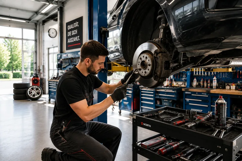 Mechaniker wechselt eine Bremsscheibe an einem Fahrzeug auf der Hebeb&uuml;hne
