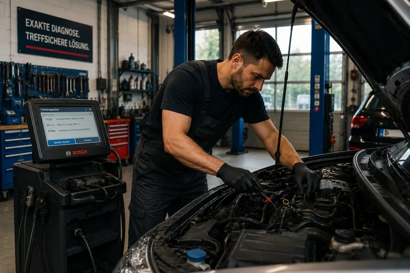 Mechaniker liest den Fehlerspeicher eines Fahrzeugs mit einem Diagnoseger&auml;t aus