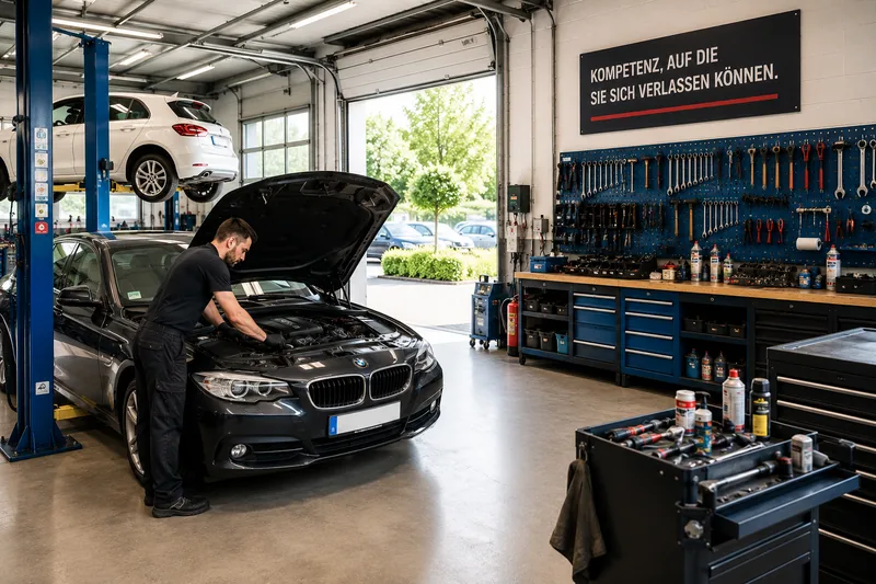 Mechaniker arbeitet am ge&ouml;ffneten Motorraum eines Fahrzeugs