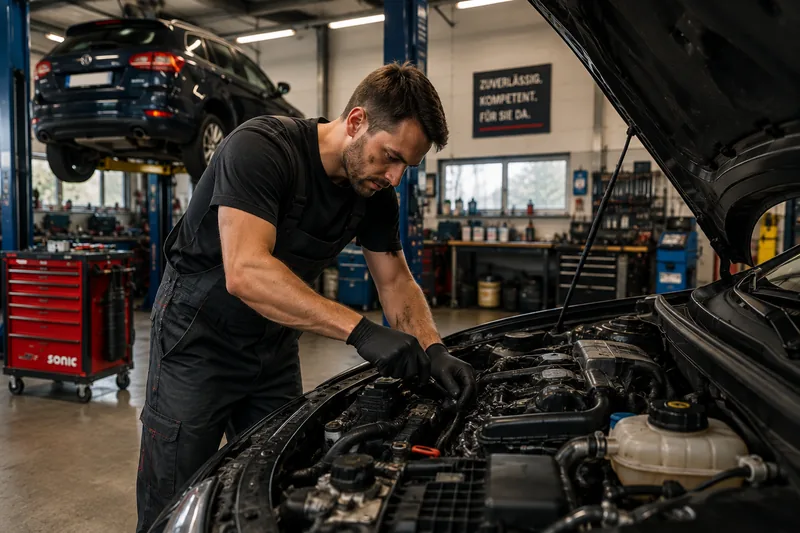 Mechaniker pr&uuml;ft Bauteile im Motorraum