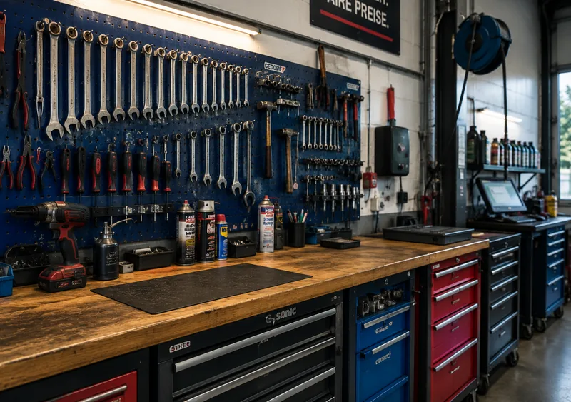 Werkbank mit sortierter Werkzeugwand
